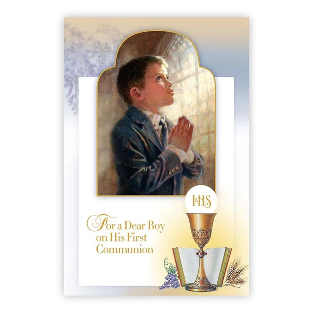 First Communion greeting card for boy with Catholic artwork and gold foil accents