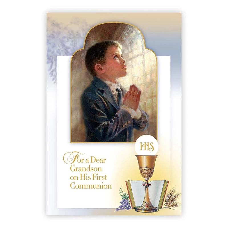 First Communion greeting card for grandson with Catholic artwork and gold foil accents