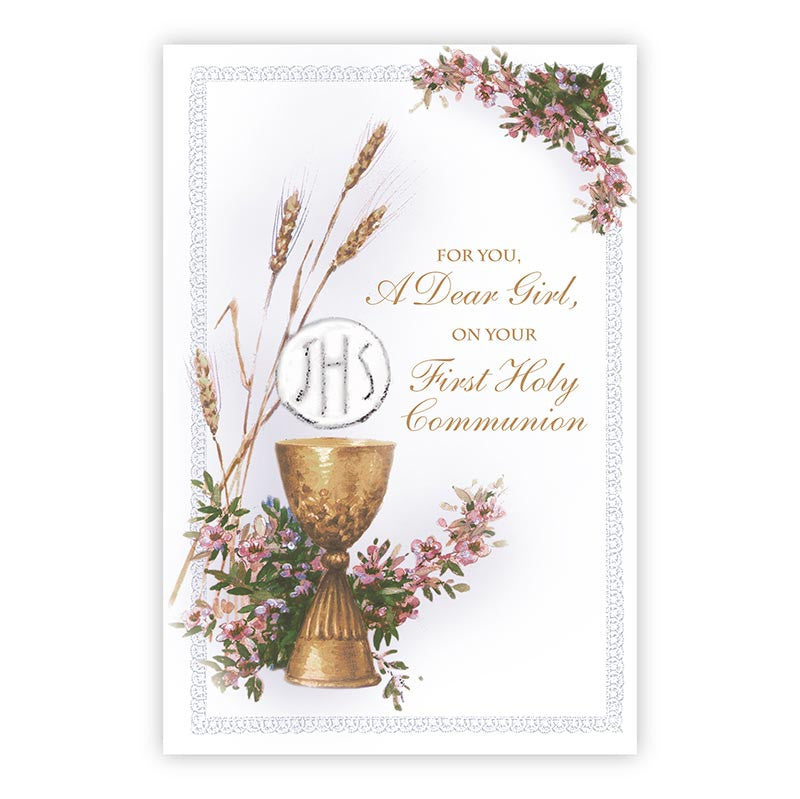 First Communion card for a girl with Italian Catholic artwork and gold foil accents