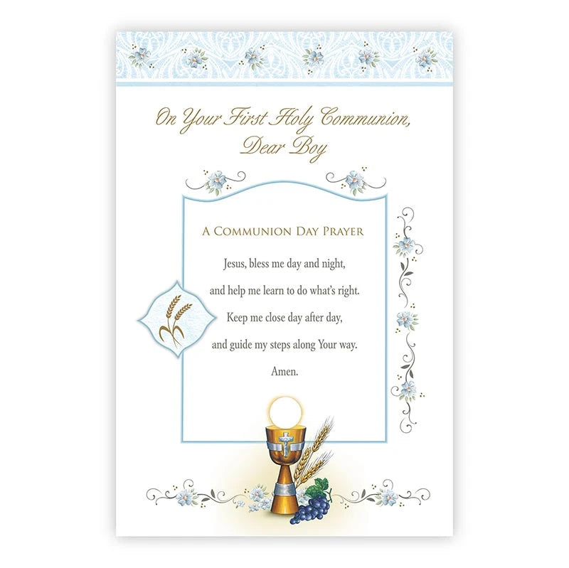 First Communion greeting card for boy with Catholic artwork and gold foil accents