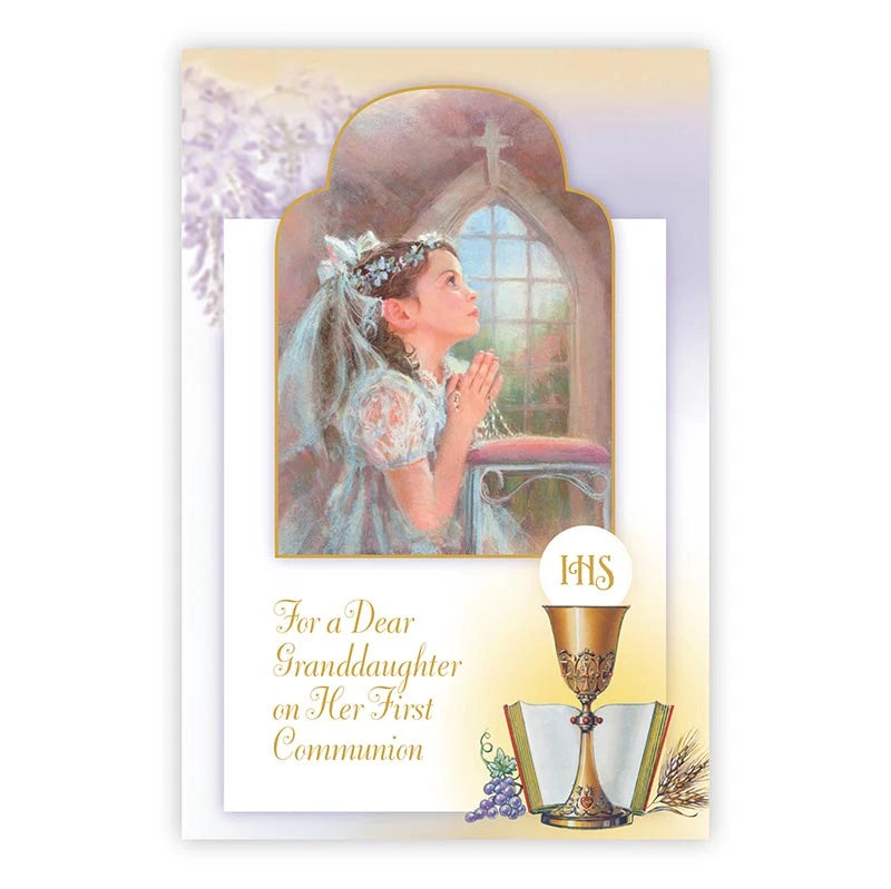 First Communion greeting card for granddaughter with Catholic artwork and gold foil accents