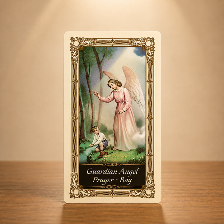 Guardian Angel Prayer for Boy card with angel protecting a young child
