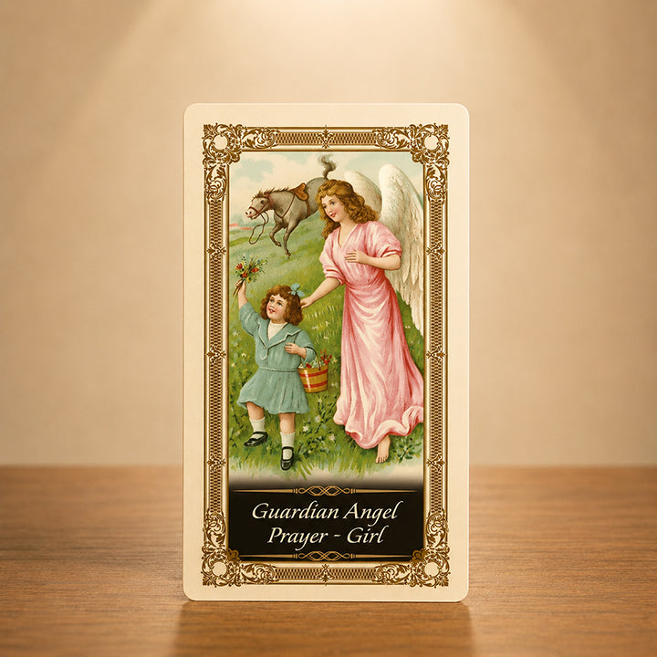 Guardian Angel Prayer - Girl Kilgarlin Laminated Prayer Card featuring a guardian angel protecting a young girl with ornate gold Catholic artwork.