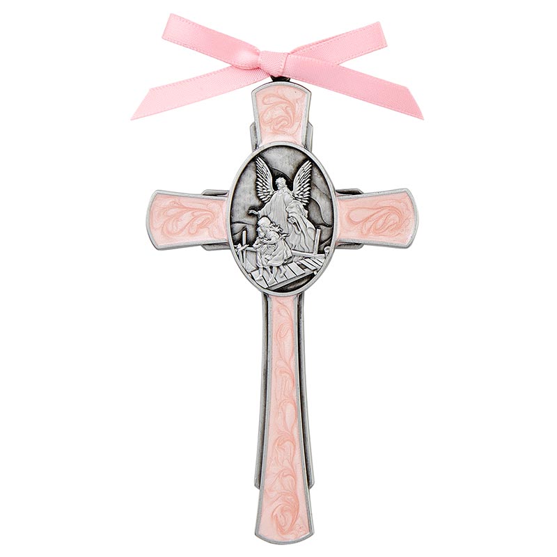 Guardian Angel Cross with Pink Enamel