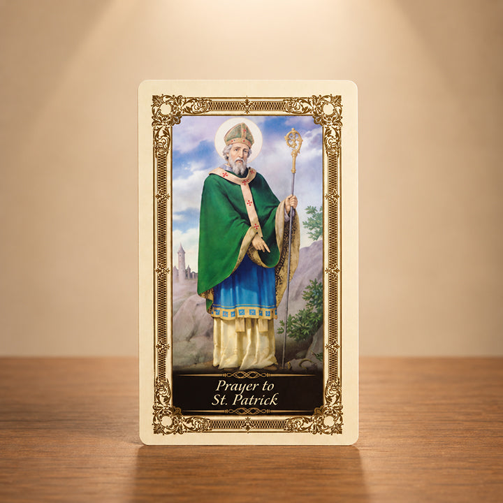 Hail, Glorious St. Patrick Kilgarlin Laminated Prayer Card featuring St. Patrick with crozier and ornate gold accents for Catholic devotion and Irish gifts.