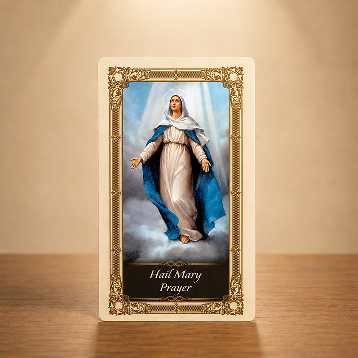Hail Mary Prayer Kilgarlin Laminated Prayer Card featuring the Blessed Virgin Mary in traditional Catholic artwork with ornate gold accents.