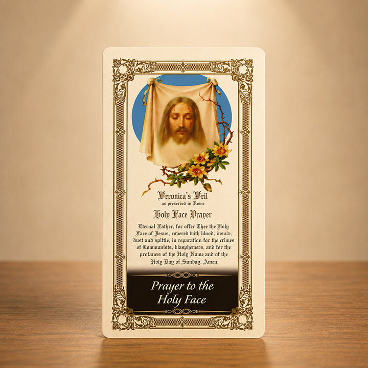 Holy Face Prayer Card with traditional Catholic devotional artwork and gold colour accents