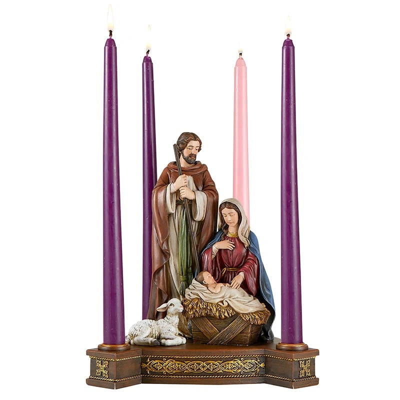 Gift-boxed Holy Family Advent Candleholder measuring 9-3/4 inches high for Catholic Christmas décor and religious gifting.