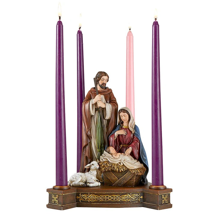 Gift-boxed Holy Family Advent Candleholder measuring 9-3/4 inches high for Catholic Christmas décor and religious gifting.