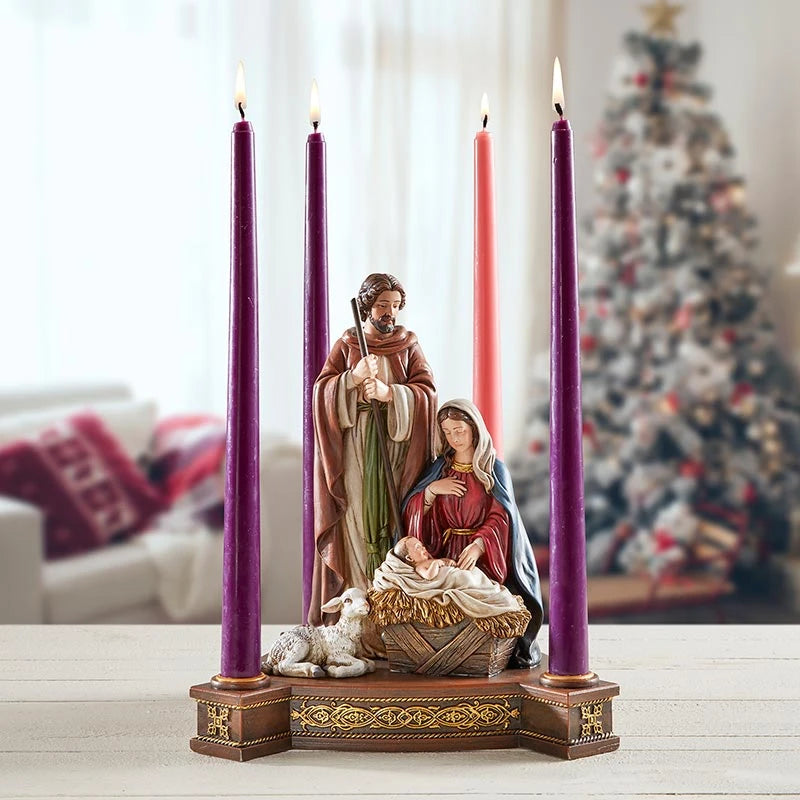 
3. Gift-boxed Holy Family Advent Candleholder measuring 9-3/4 inches high for Catholic Christmas décor and religious gifting.