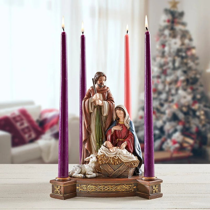 
3. Gift-boxed Holy Family Advent Candleholder measuring 9-3/4 inches high for Catholic Christmas décor and religious gifting.