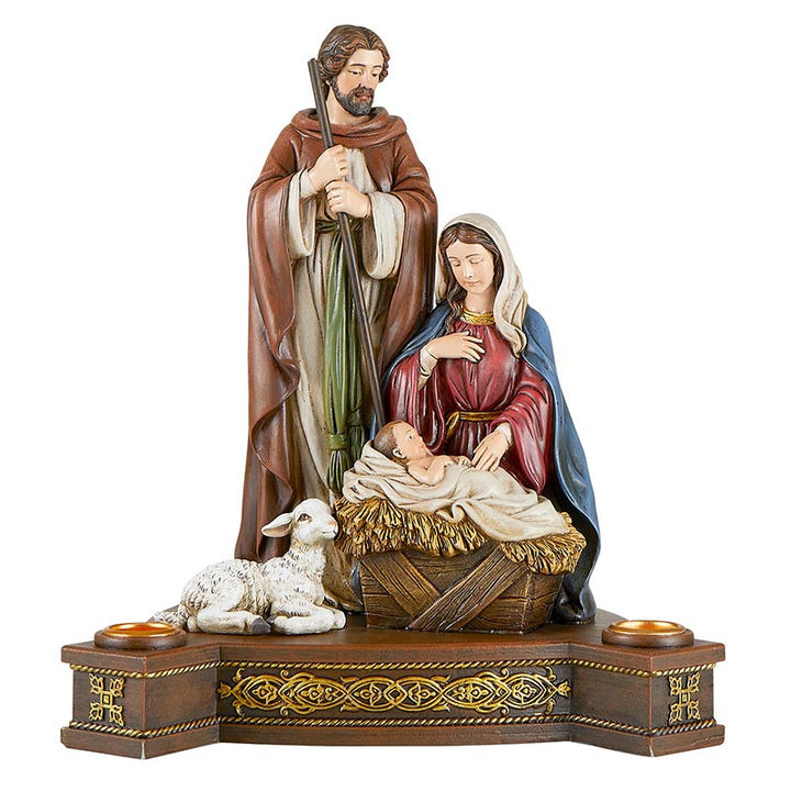  Holy Family Advent Candleholder featuring a detailed resin Nativity scene for Catholic Advent prayer and Christmas décor.