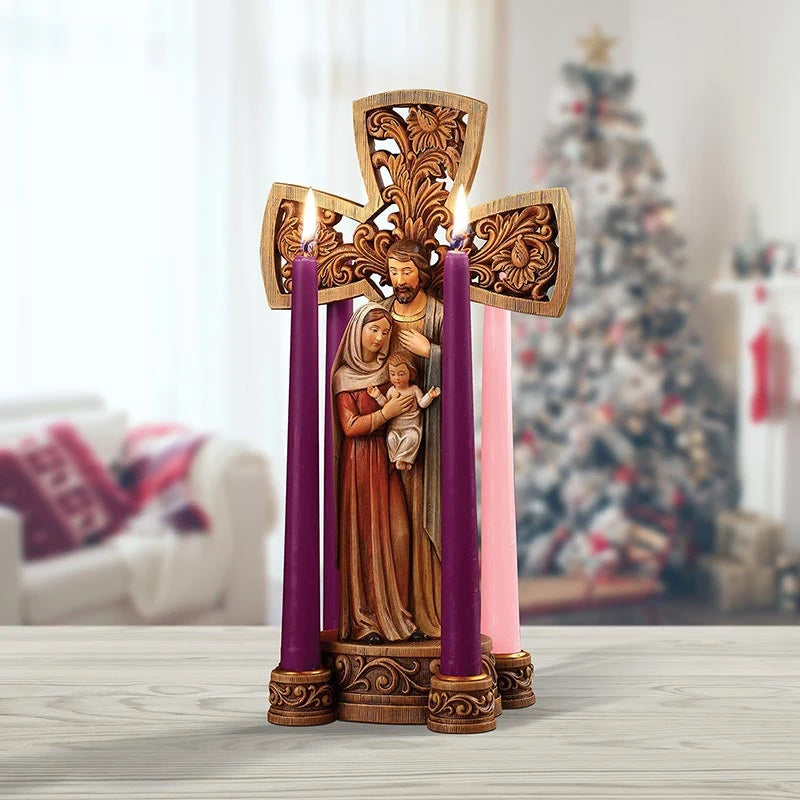 Catholic Holy Family Advent candleholder measuring 13 inches high for home altars, family prayer, and seasonal reflection.