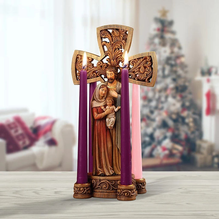 Catholic Holy Family Advent candleholder measuring 13 inches high for home altars, family prayer, and seasonal reflection.