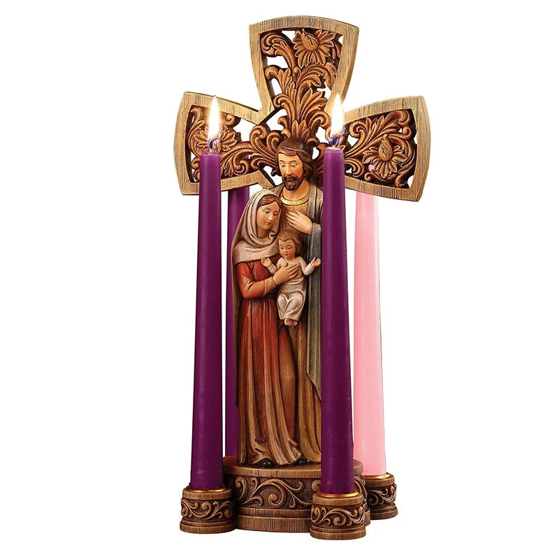Holy Family Advent Wreath featuring a stoneresin Nativity scene for Catholic Advent prayer and Christmas décor.