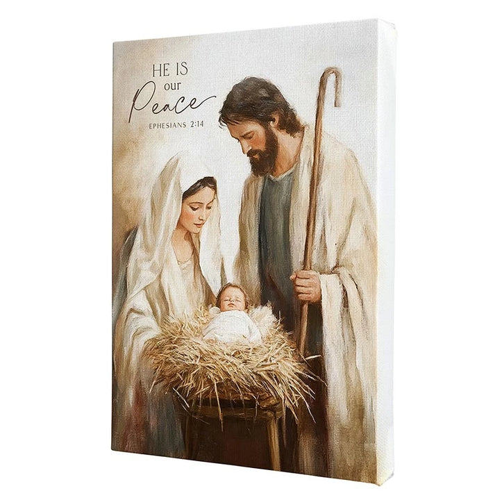 5 x 7 Holy Family religious canvas featuring the He Is Our Peace theme.