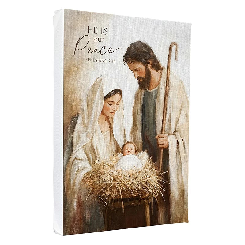 Compact Catholic Holy Family canvas for prayer spaces, shelves, tabletops, and religious gifting.