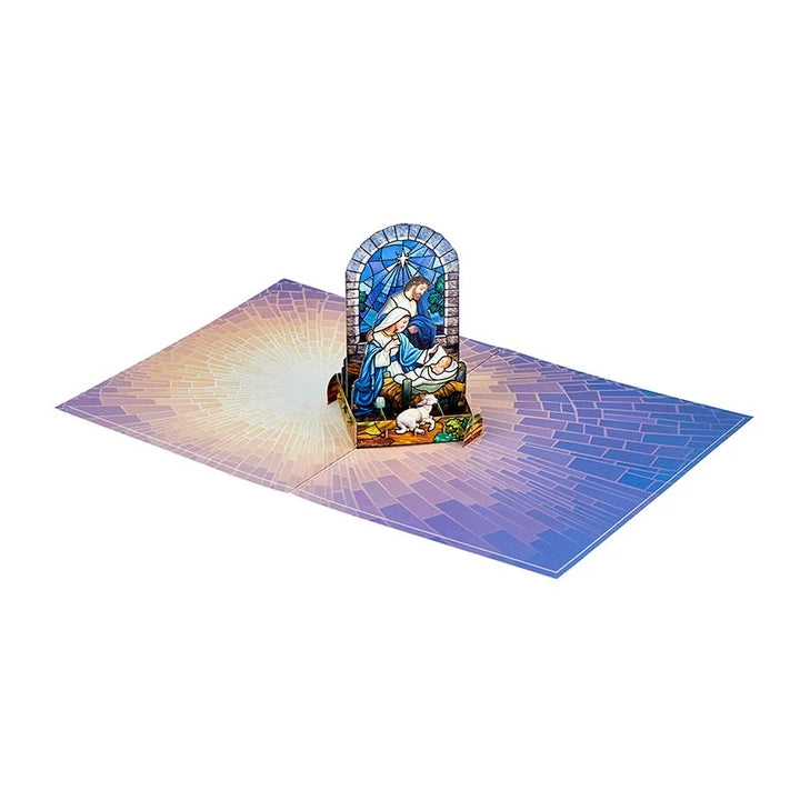 6 x 8 Holy Family Christmas greeting card that doubles as a mantel or tabletop decoration.