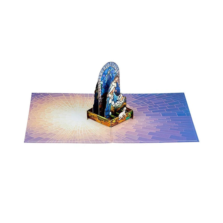 Catholic Christmas pop up card with a beautifully drawn Holy Family design for seasonal display.
