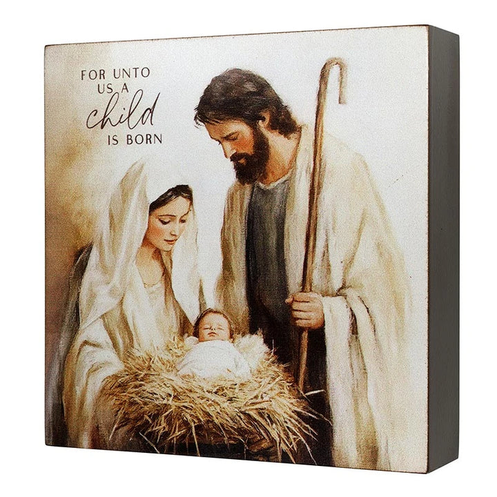 5 x 5 Holy Family religious word block with For Unto Us theme for mantel or shelf display.