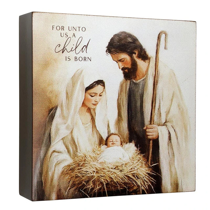 Catholic Holy Family Christmas word block for prayer spaces, tabletops, and faith-based gifting.