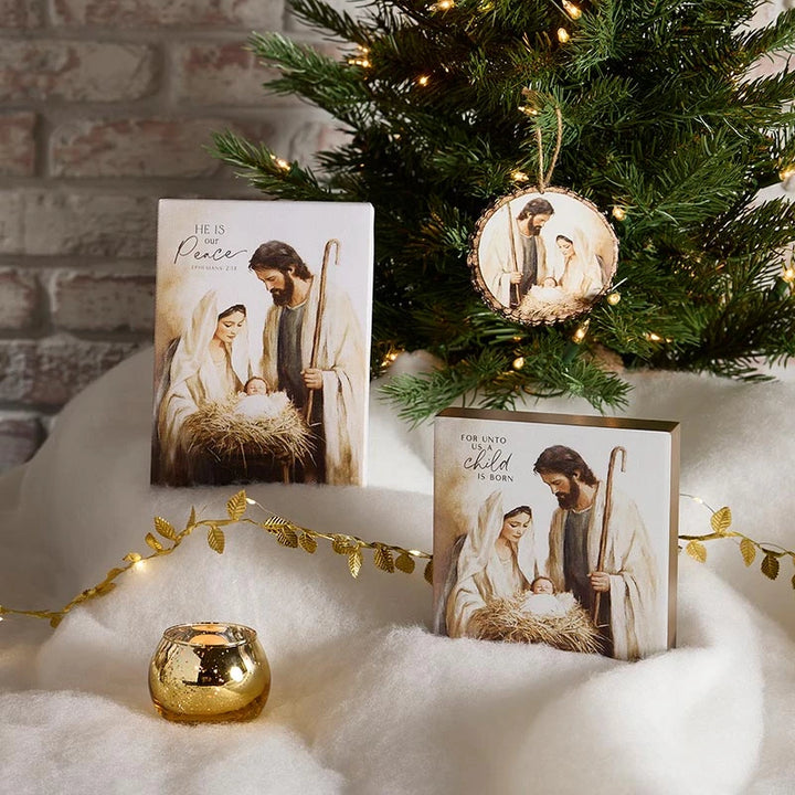 Holy Family For Unto Us word block crafted from MDF for Catholic Christmas décor.