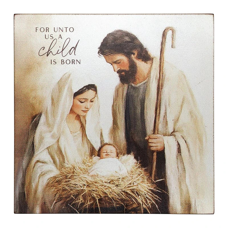 Holy Family For Unto Us word block crafted from MDF for Catholic Christmas décor.