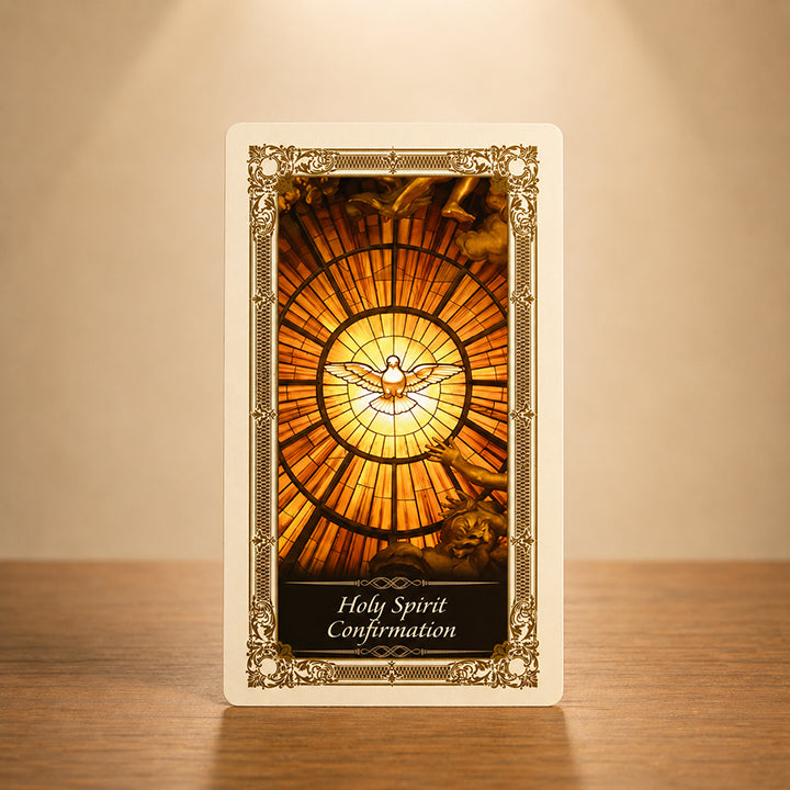 Holy Spirit Confirmation Kilgarlin Laminated Prayer Card featuring a radiant white dove symbolizing the Holy Spirit with ornate gold Catholic artwork.