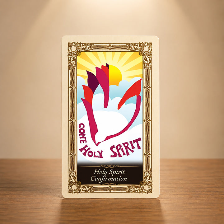 Holy Spirit Confirmation Kilgarlin Laminated Prayer Card featuring a white dove and Come Holy Spirit artwork with ornate gold Catholic accents.