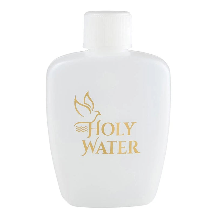 2 oz Holy Water Bottle with screw-off cap and gold-stamped Catholic design for prayer, home blessings, and travel.