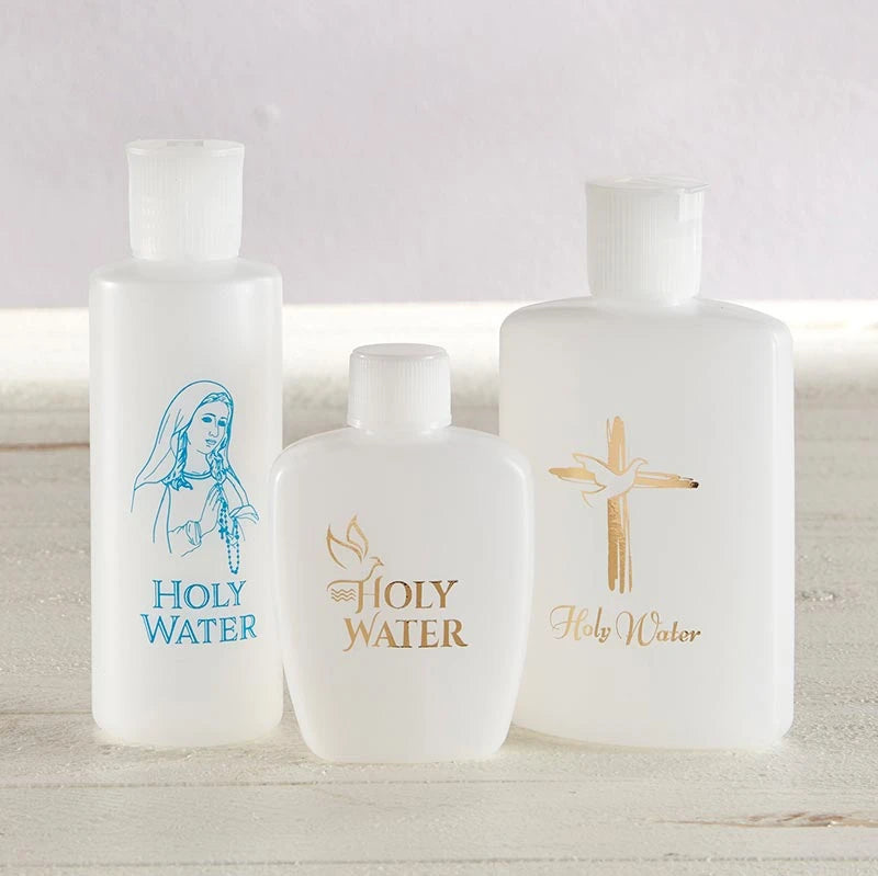 Catholic holy water bottle measuring 4.75 inches high, designed for convenient storage, transport, and parish use.