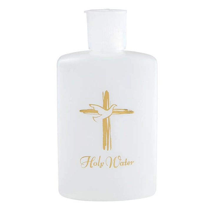 4 oz Holy Water Bottle with gold-stamped Catholic design and screw-off cap for prayer, travel, and home blessings.
