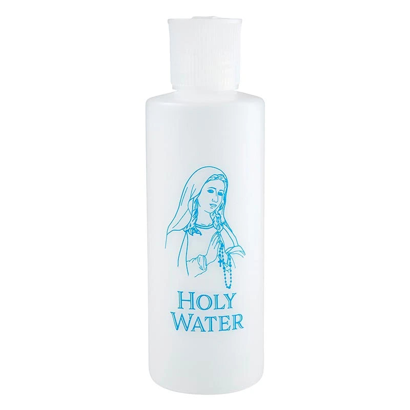 4 oz Holy Water Bottle with Our Lady image and screw-off cap for Catholic prayer, home blessings, and travel.