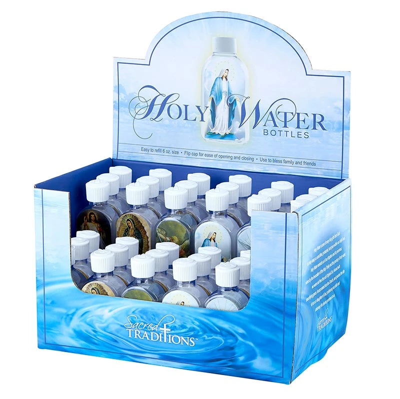 Catholic holy water bottle display containing 36 easy-to-fill bottles in six assorted religious designs for parish and retail use.