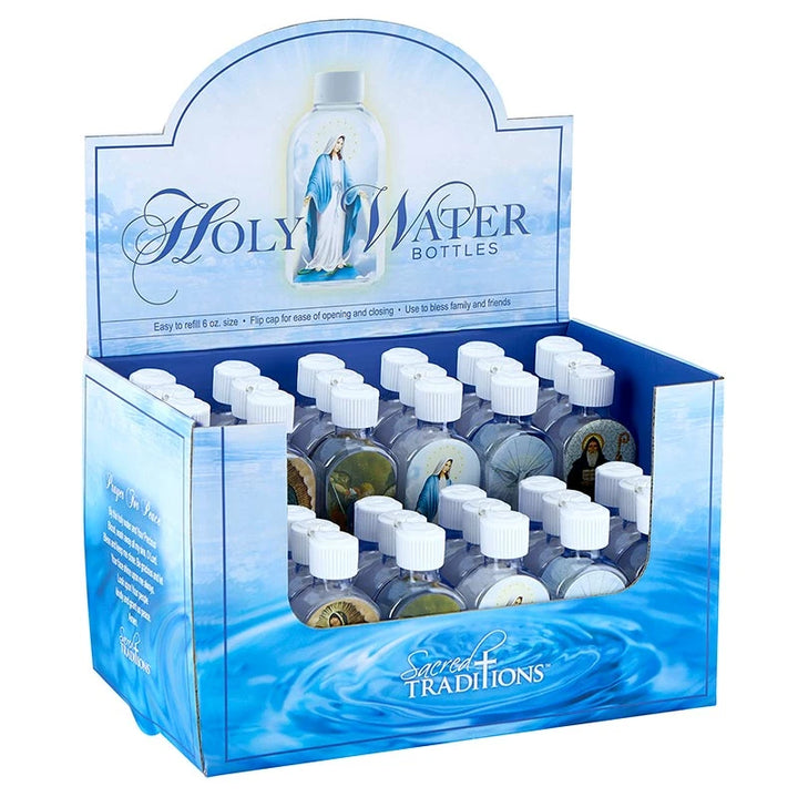 Catholic holy water bottle display containing 36 easy-to-fill bottles in six assorted religious designs for parish and retail use.