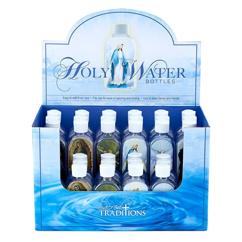  Holy Water Bottle Display with 36 assorted 6 oz Catholic bottles featuring full-color devotional images and a countertop display.