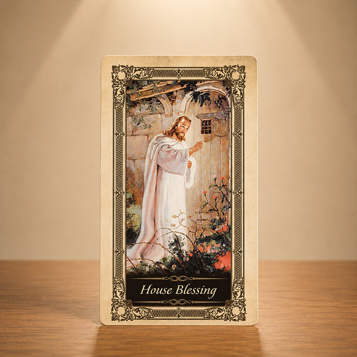 House Blessing Kilgarlin Laminated Prayer Card featuring Jesus at the doorway with gold accents and a traditional Christian house blessing prayer.