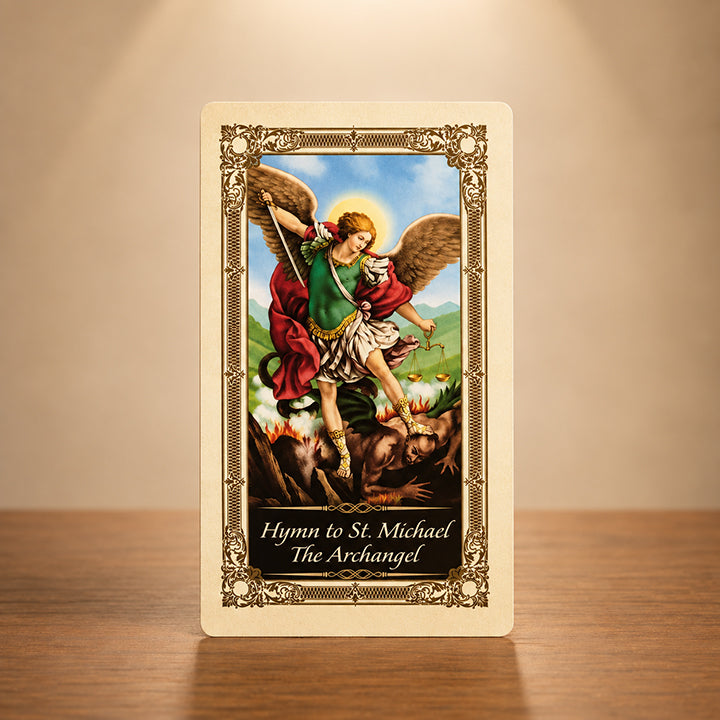 Hymn to St. Michael the Archangel laminated Catholic prayer card with sacred artwork