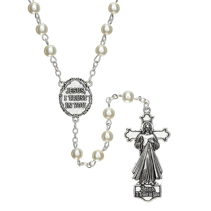 Ivory Divine Mercy Giulia Signorelli rosary with glass pearl beads and Divine Mercy centerpiece