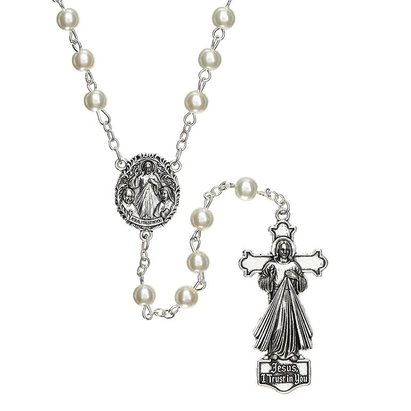 Ivory Divine Mercy Giulia Signorelli rosary with glass pearl beads and Divine Mercy centerpiece