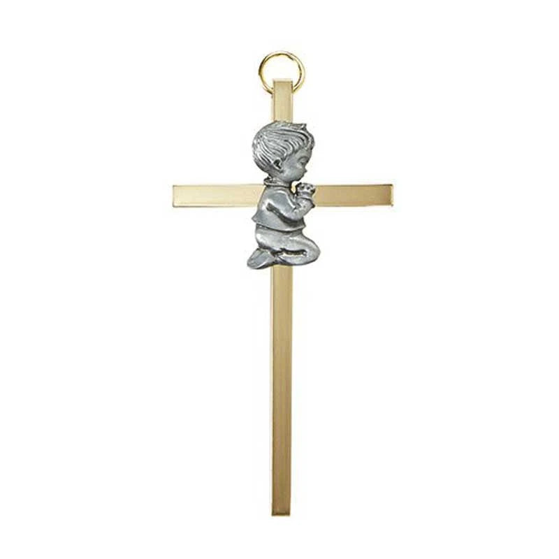  James Brennan 4.25-inch gold-plated brass Baby Boy Cross B60P04 featuring antique pewter-finish emblem for Catholic Baptism gifts.