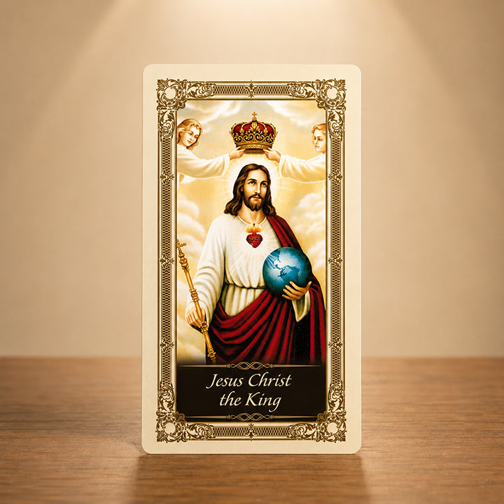 Jesus Christ the King Prayer Card with classic Catholic artwork and gold color accents