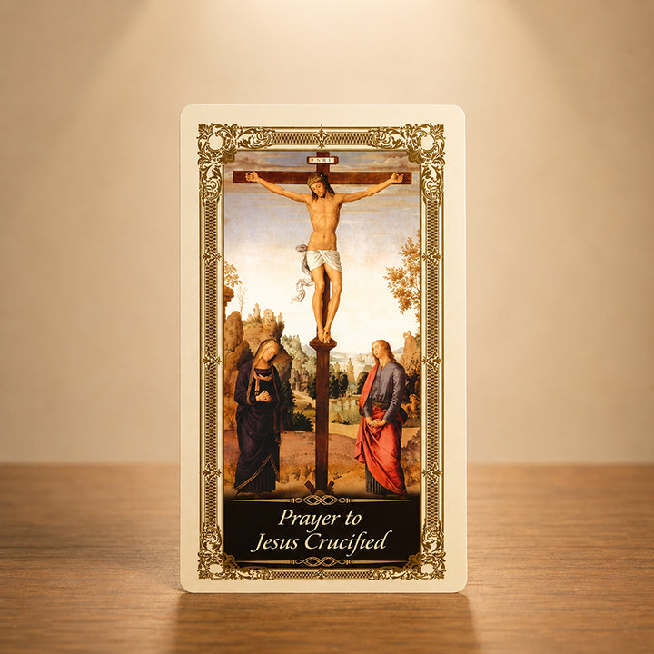 Jesus Crucified Prayer Card with classic Crucifixion artwork and gold colour accents