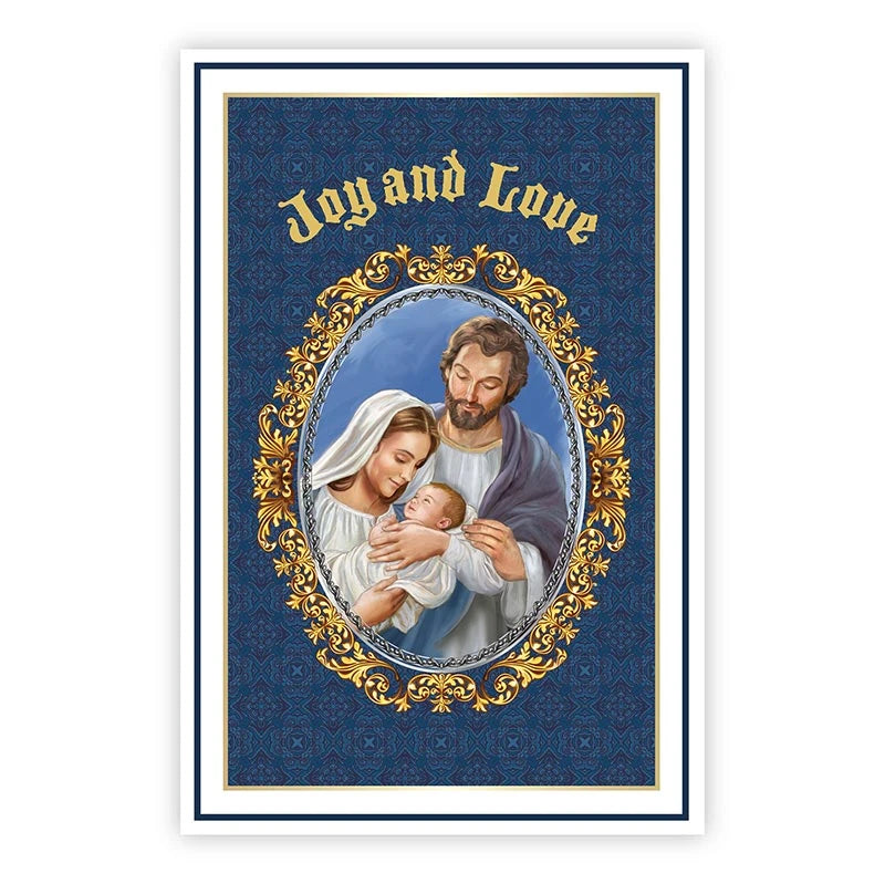 Joy and Love Christmas Greeting Card by Alfred Mainzer with classic Catholic artwork and gold foil accents.