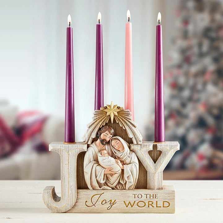 Gift-boxed Joy to the World Nativity Advent Candleholder for Catholic families, seasonal décor, and religious Christmas gifting.