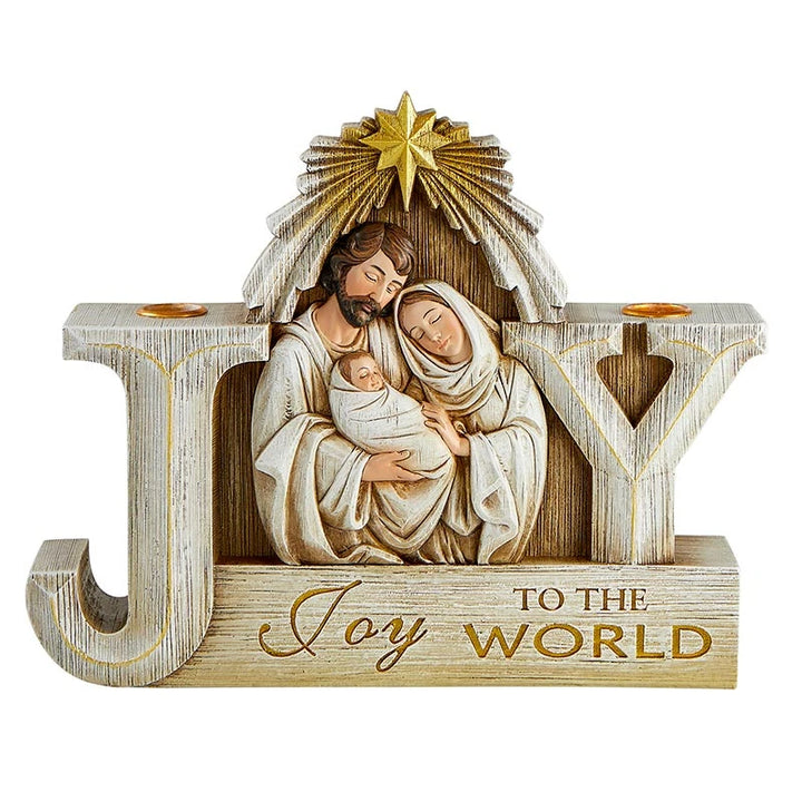 Joy to the World Nativity Advent Candleholder featuring a detailed resin Holy Family scene for Catholic Christmas décor.