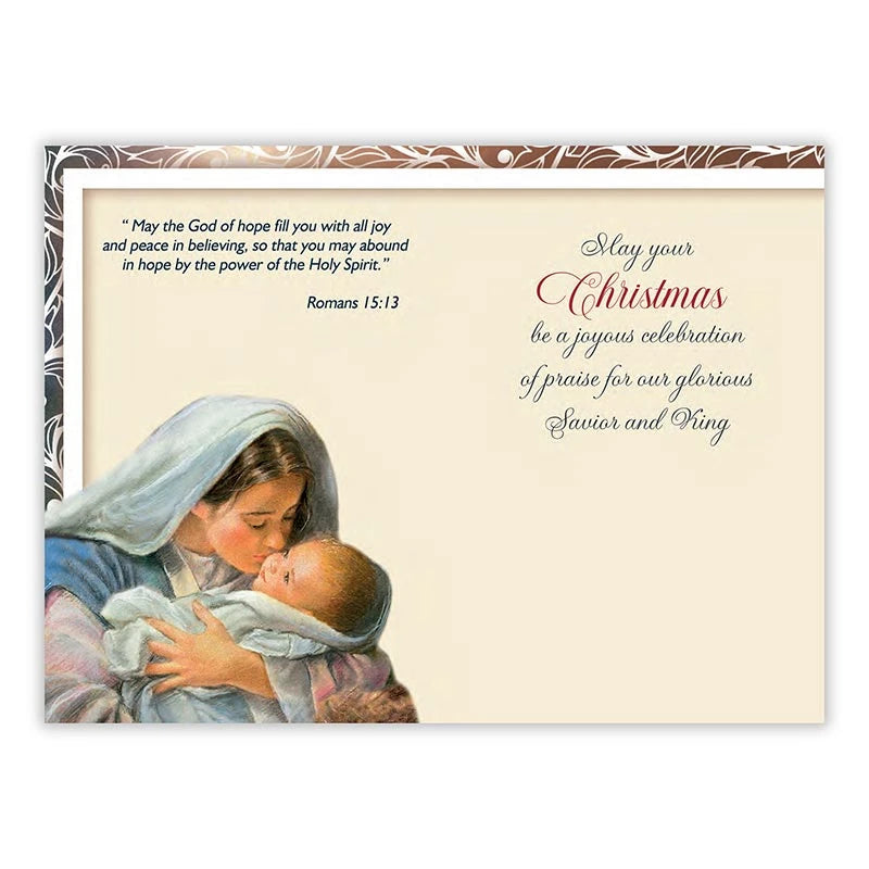 Catholic Christmas greeting card featuring Romans 15:13 and a message of hope, joy, peace, and the Holy Spirit.