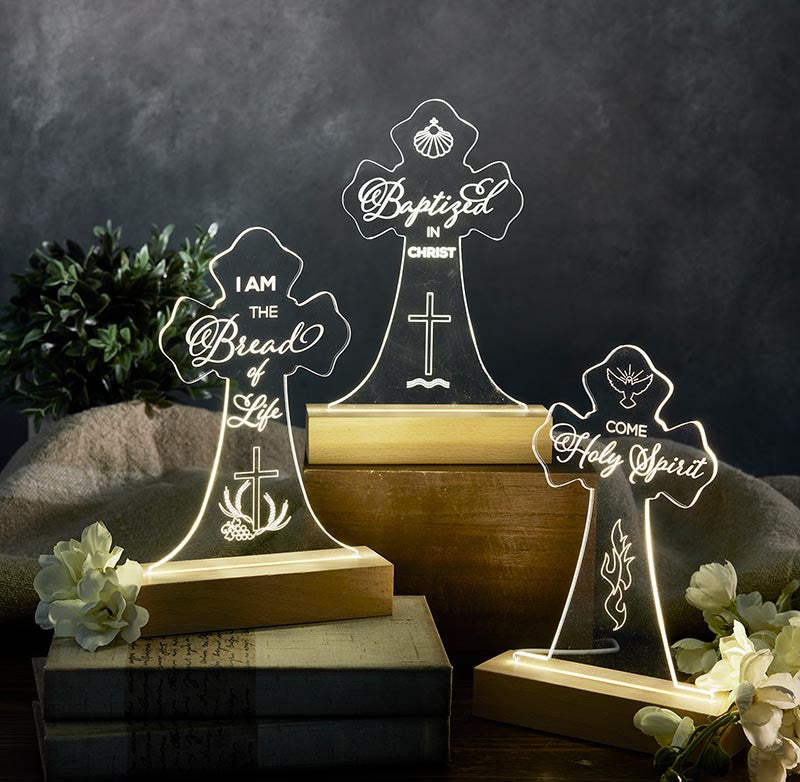 First Communion LED night light with acrylic design and pine wood base