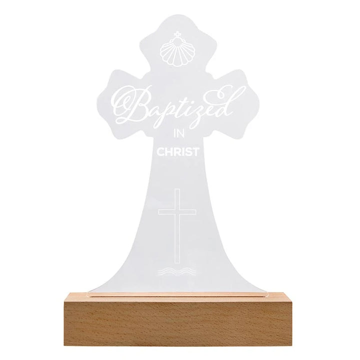 LED Baptism Night Light R2057 featuring acrylic light stand with pine wood base, USB-powered LED illumination, and gift box packaging.