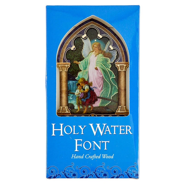 Catholic Guardian Angel holy water font made from wood and moulded material for home prayer, bedside use, and devotional blessings.
